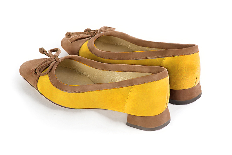 Camel beige and yellow women's ballet pumps, with low heels. Square toe. Flat flare heels. Rear view - Florence KOOIJMAN